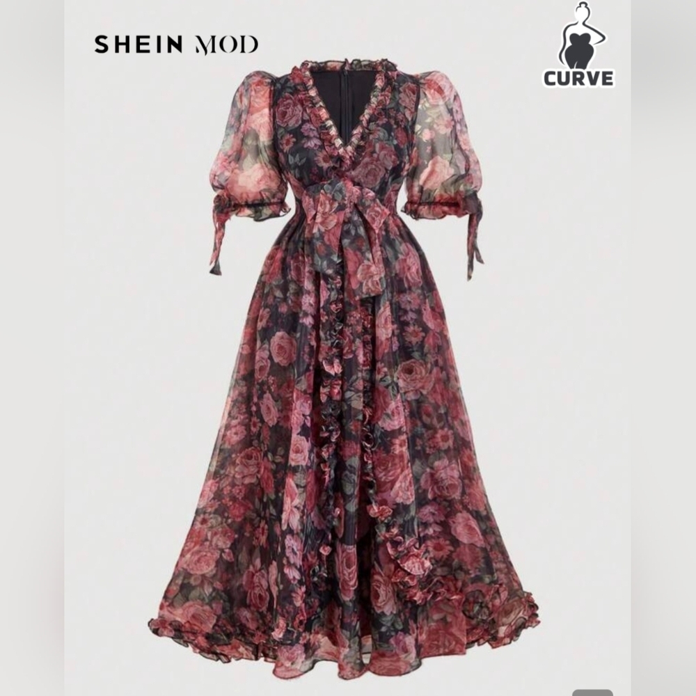 SHEIN Floral Puff Sleeve Maxi Dress